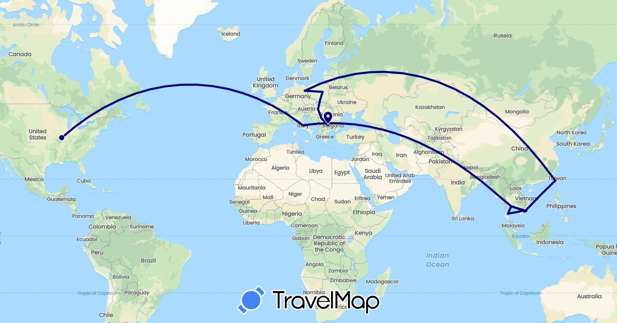TravelMap itinerary: driving in Bulgaria, Germany, Hungary, Italy, Poland, Serbia, Thailand, Taiwan, United States, Vietnam (Asia, Europe, North America)